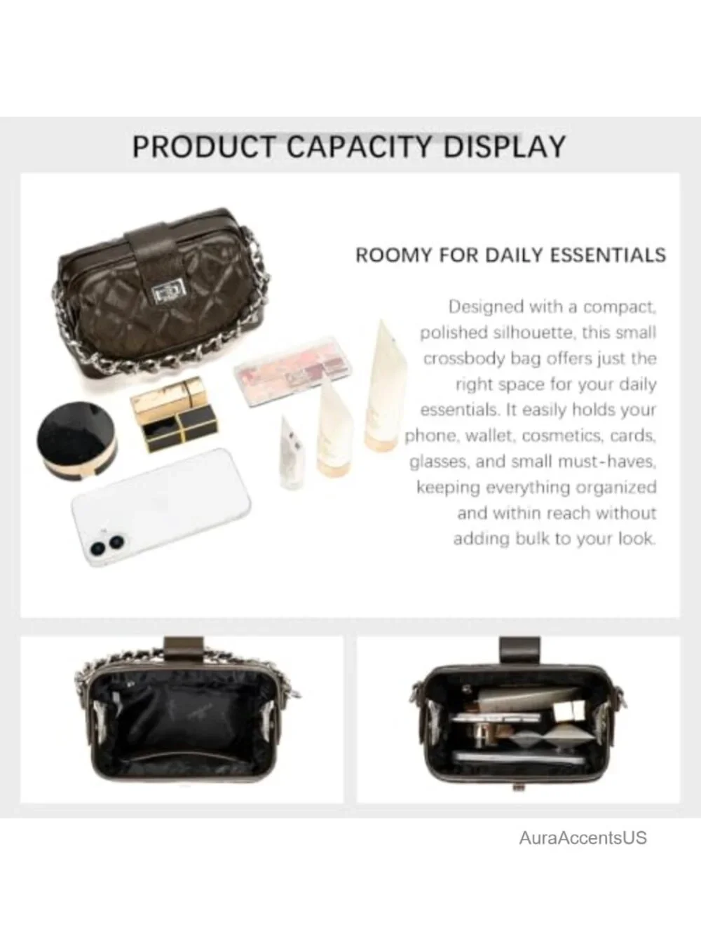 Mini Quilted Crossbody Bag with Detachable Chain, Vegan Leather Top Handle Purse